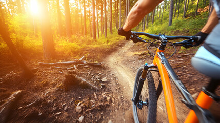 Naklejka premium Mountain biker rides sunset forest trail, adventure, nature, woods, activity, hobby, sport, outdoor