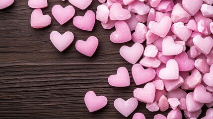 Fototapeta premium Romantic Pink Sugar Hearts on Dark Wood Background Valentine s Day Love Sweet Treats