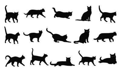 Set of silhouette cats in different poses. Isolated black cat on white background. Vector illustration of elements for design decoration.
