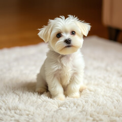 White Maltese puppy posing for a photo on the white rug