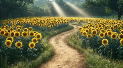 Serene Summer Stroll: Scenic Dirt Path Winding Through Blossoming Sunflower Field with Sun Rays and Lush Foliage