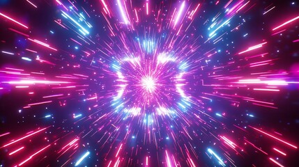 Naklejka premium Neon light streaks explode from center in dark space; cosmic background; futuristic design