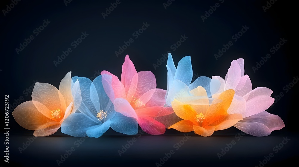 Poster detailed glowing flowers in vibrant colors with soft lighting on a dark black background creating a 
