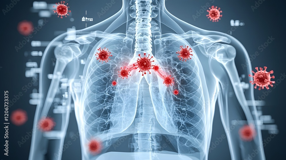 Aufkleber detailed x ray visualization of a viral attack on the respiratory tract with red viruses entering th