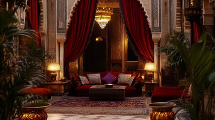 Moroccan palace courtyard lounge, opulent interior, red curtains, night ambiance, luxury travel