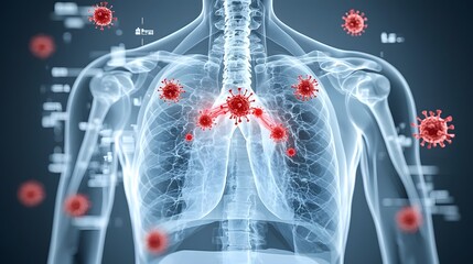 Detailed X ray visualization of a viral attack on the respiratory tract with red viruses entering the body through the nose and causing potential illness and infection