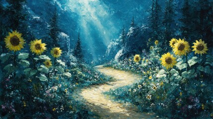 Blissful Journey: Winding Dirt Path Amid Sunflower Field with Sunrays Filtering Through Lush Foliage in Summer Sunshine