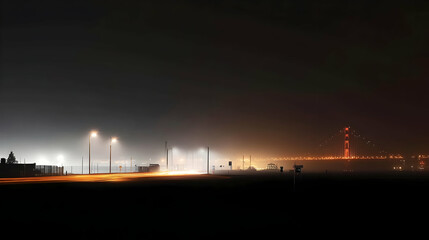 Night fog shrouds industrial area, distant bridge lights visible.  Website background image