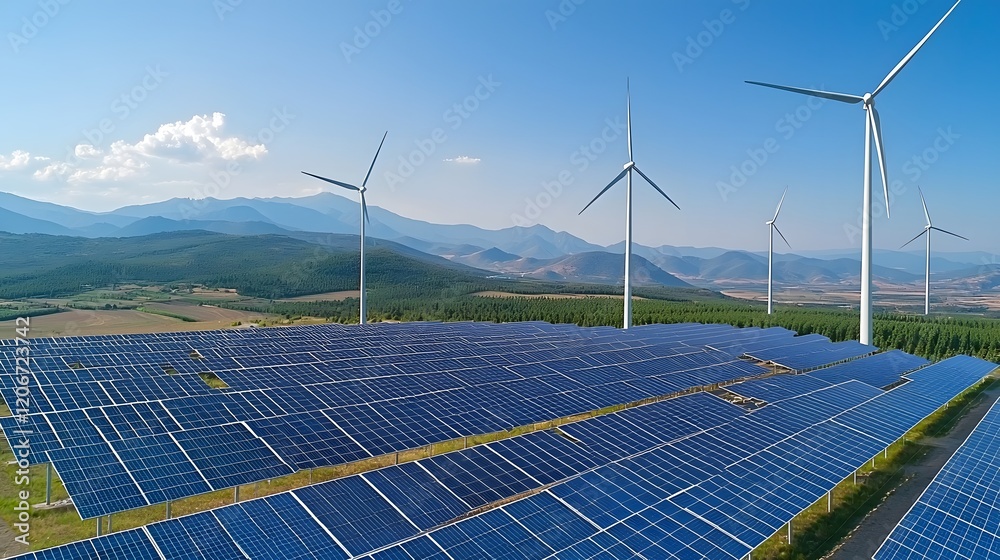 Poster dynamic renewable energy grid showcasing solar panels and wind turbines connected to an efficient cl