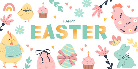 Cute Happy Easter horizontal banner