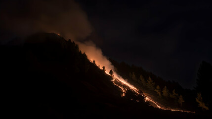 Nighttime wildfire on mountain slope, smoke billowing, dark background.  Use News, environmental reporting