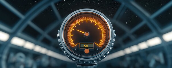 Oxygen pressure gauge concept. Pressure gauge with an orange dial in a futuristic setting.