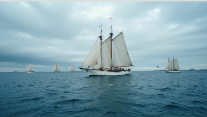 Fototapeta premium Classic Sailing Ships Gracefully Navigate Ocean Waters