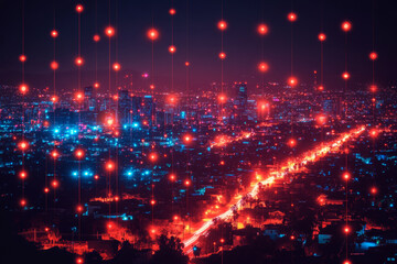 Obraz premium vibrant cityscape at night, illuminated by colorful lights and network of glowing dots, creating futuristic atmosphere