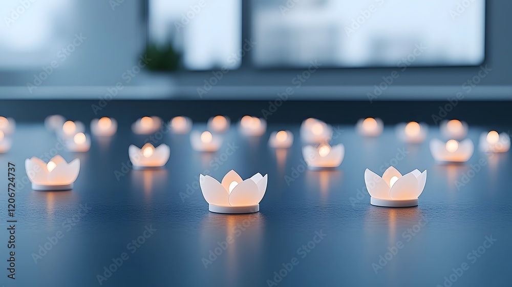 Poster Elegant and sophisticated image of a symmetrical arrangement of glowing  ethereal flower petals against a dark  moody background  creating a serene and captivating atmosphere