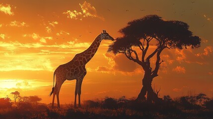A giraffe eating from the top of a tree in the African savanna, emphasizing its height and elegance