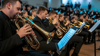 Orchestra musicians performing brass instruments in concert hall, audience in background; stock photo for music, performance, and event promotion