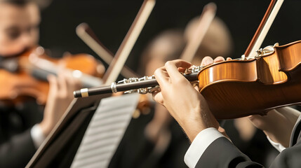 Orchestra musicians performing on stage, close-up of hands playing flute and violin, blurred background
