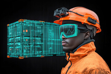 supply chain manager wearing hard hat and goggles, analyzing logistics with digital overlay of shipping container. image conveys innovation and technology in logistics