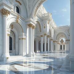 Fototapeta premium Palace courtyard, marble columns, arched entryway, sunny day, luxury architecture
