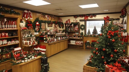 Festive shop winter wonderland decor, gifts, Christmas trees, retail