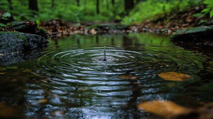 split scene with a calm pond on the left showing a single drop causing ripples and a stagnant pond on the right becoming increasingly polluted. 