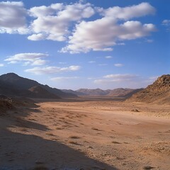 Naklejka premium Desert valley landscape, sunny day, mountains background, travel brochure