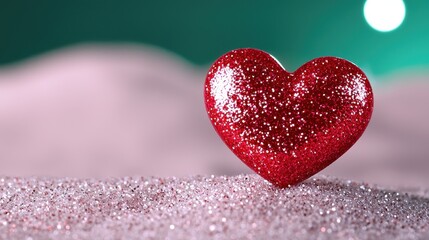 Obraz premium Sparkling Red Glitter Heart on Shimmering Background Romantic Valentine s Day Decoration
