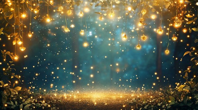 Enchanted forest night lights, magical background, dreamy scene, event backdrop
