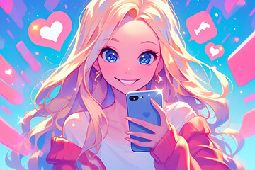 Young woman with long blonde hair smiling while holding a smartphone, surrounded by colorful digital icons