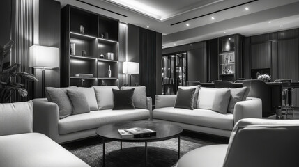 Elegant monochrome living room interior featuring modern furniture, stylish decor, and ambient lighting for sophisticated residential or commercial spaces