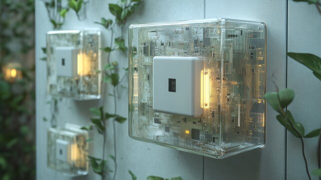 A close-up of a light switch surrounded by computer circuit incorporated with nature, glass like transparent hive patterns, front on view suspended in mid air against a white background. 