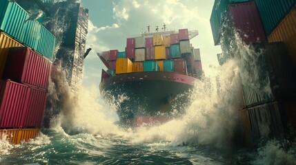 Cargo ship crashing waves, containers falling, ocean storm, maritime disaster, insurance ad
