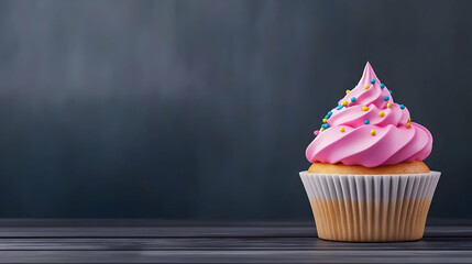 Pink cupcake with sprinkles on wooden table against grey background. Perfect for birthday celebrations or dessert menus