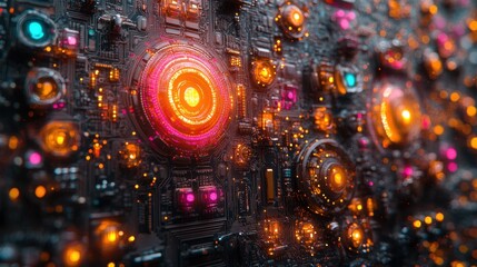 Fototapeta premium Commercial photography of conceptual art piece, constructed from Ai computer circuitry, copper wire and neon lights. It representing ai tools sparking 