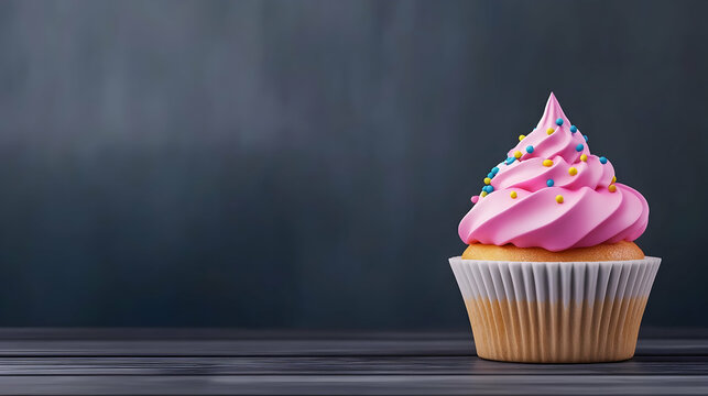 Pink cupcake with sprinkles on wooden table against grey background. Perfect for birthday celebrations or dessert menus