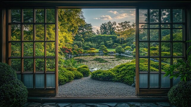Serene Japanese Garden Framed by a Traditional Shoji Window in Soft Morning Light