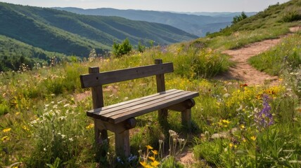 A wooden bench sits on a hillside overlooking a green landscape with rolling hills and flowers