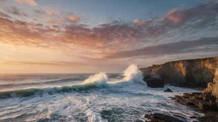 Fototapeta premium Waves crashing on rocky coastline at sunset with dramatic clouds in sky