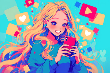 Young woman with long hair smiling while using a smartphone, surrounded by colorful social media icons