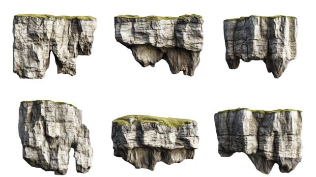 Set of rugged cliffs with textured edges, isolated on transparent background 