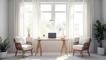 Cozy and comfortable work place in home office area with a laptop on wooden desk, chair, minimalist decor, and ample natural light, workspace. remote work, work form home.