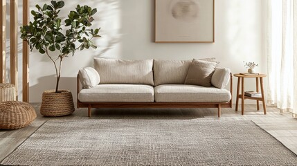 Modern Beige Sofa in Minimalist Living Room with Textured Rug and Wooden Accents