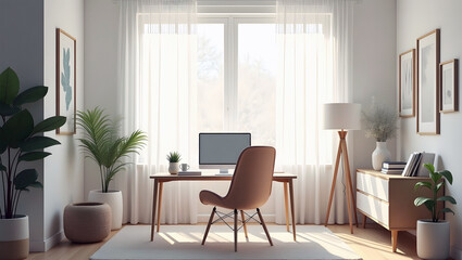 Cozy work place in home office area with a laptop, desk, chair, minimalist decor, and ample natural light, workspace. remote work, work form home.