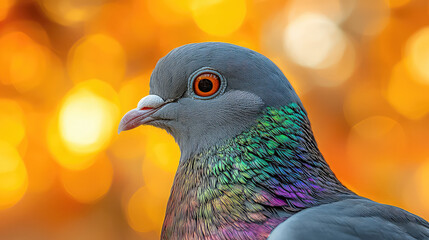 Close-up portrait of a pigeon with iridescent feathers against a bokeh background of warm, golden lights.