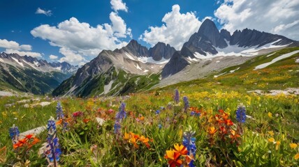 Fototapeta premium Vibrant wildflowers in mountain meadow under a bright blue sky with fluffy clouds
