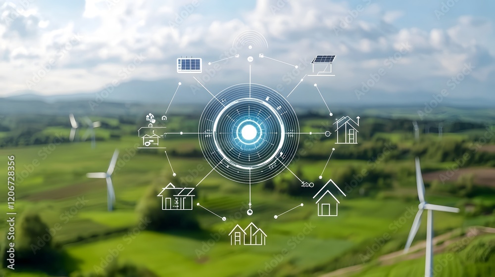 Poster futuristic smart energy network control hub managing renewable energy supply and distribution for re
