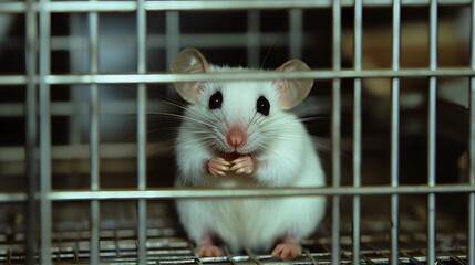 Obraz premium White Mouse Confined Within Metal Cage Bars
