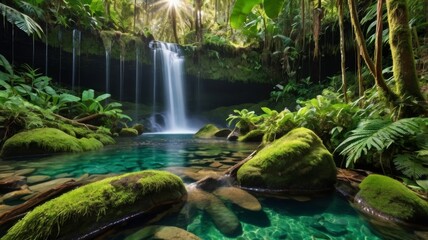 Lush Waterfall Scene with Mossy Rocks and Clear Water in a Tropical Forest