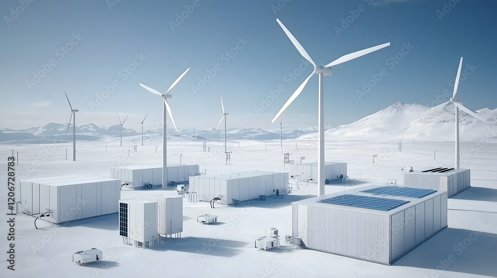 Aufkleber Futuristic visualization of a centralized renewable energy grid system featuring a network of wind turbines solar panels and battery storage infrastructure